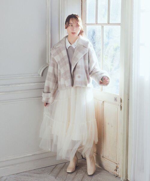 earth music&ecology（アースミュージックアンドエコロジー）の「【WEB限定】シャギーショートコート（ブルゾン・レディース・チャコールグレー/アイボリー/ベージュ/チェック・FREE）」の22枚目の写真