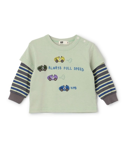 KP BOY（ケーピーボーイ）の「車アップリケ レイヤード風長袖Tシャツ（Tシャツ/カットソー・キッズ・オレンジ/ミント・100cm/120cm/90cm/110cm/80ｃｍ）」の2枚目の写真