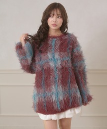 plaid pattern shaggy over knit / チェックシャギーオーバーニット