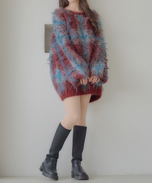 Ambre Neige(アンブルネージュ)の「plaid pattern shaggy over knit / チェックシャギーオーバーニット(ニット/セーター・レディース・アイボリー/オフホワイト/ボルドー・FREE)」の7枚目の写真
