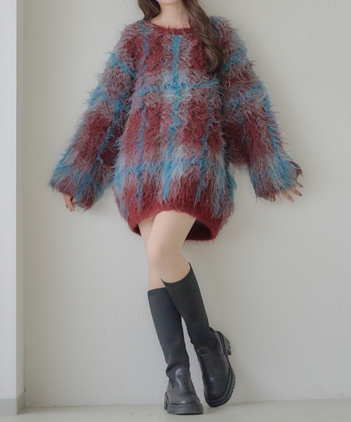 Ambre Neige(アンブルネージュ)の「plaid pattern shaggy over knit / チェックシャギーオーバーニット(ニット/セーター・レディース・アイボリー/オフホワイト/ボルドー・FREE)」の8枚目の写真