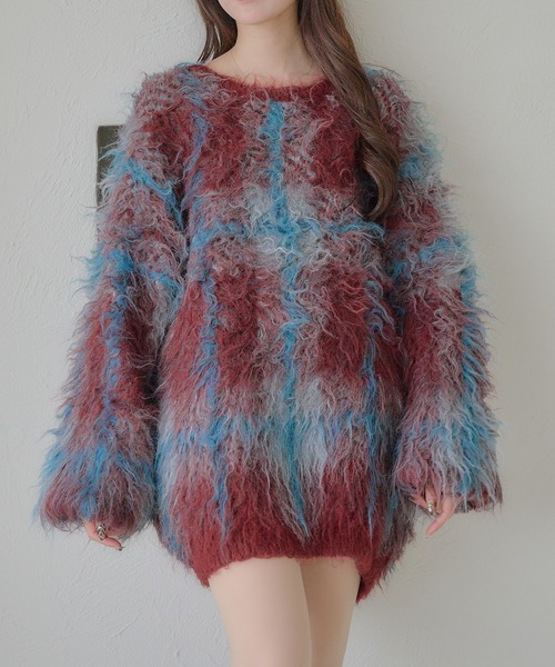 Ambre Neige(アンブルネージュ)の「plaid pattern shaggy over knit / チェックシャギーオーバーニット(ニット/セーター・レディース・アイボリー/オフホワイト/ボルドー・FREE)」の4枚目の写真
