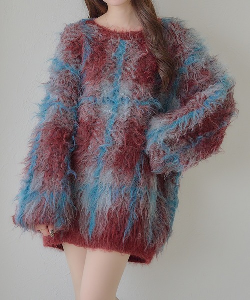 Ambre Neige(アンブルネージュ)の「plaid pattern shaggy over knit / チェックシャギーオーバーニット(ニット/セーター・レディース・アイボリー/オフホワイト/ボルドー・FREE)」の5枚目の写真