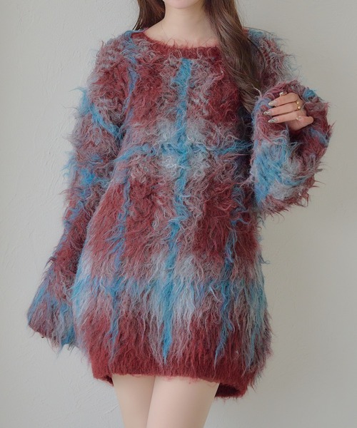 Ambre Neige(アンブルネージュ)の「plaid pattern shaggy over knit / チェックシャギーオーバーニット(ニット/セーター・レディース・アイボリー/オフホワイト/ボルドー・FREE)」の6枚目の写真