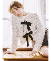 LILY BROWN | [L.B CANDY STOCK]ラメリボンニットジャケット(ノーカラージャケット)