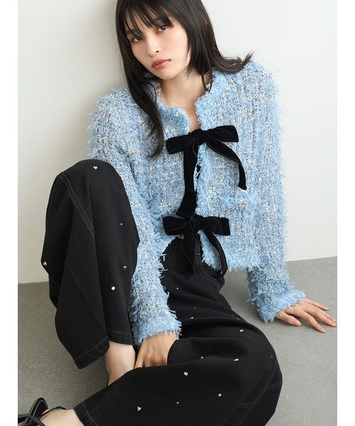 LILY BROWN（リリーブラウン）の「[L.B CANDY STOCK]ラメリボンニットジャケット（ノーカラージャケット・レディース・ホワイト/ブラック/ブルー・F）」の7枚目の写真