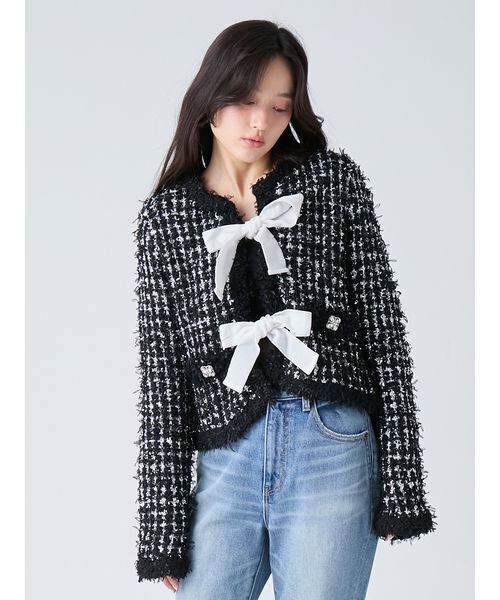 LILY BROWN（リリーブラウン）の「[L.B CANDY STOCK]ラメリボンニットジャケット（ノーカラージャケット・レディース・ホワイト/ブラック/ブルー・F）」の15枚目の写真