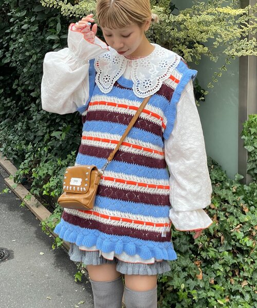 HELLO.SANFRANCISCO(ハローサンフランシスコ)の「【HELLO.SANFRANCISCO/ハローサンフランシスコ】透かし柄ボーダーニットチュニック(ニット/セーター・レディース・サックスブルー/レッド・ONE SIZE)」の4枚目の写真