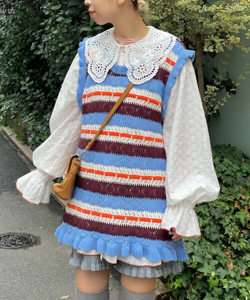 HELLO.SANFRANCISCO(ハローサンフランシスコ)の「【HELLO.SANFRANCISCO/ハローサンフランシスコ】透かし柄ボーダーニットチュニック(ニット/セーター・レディース・サックスブルー/レッド・ONE SIZE)」の5枚目の写真