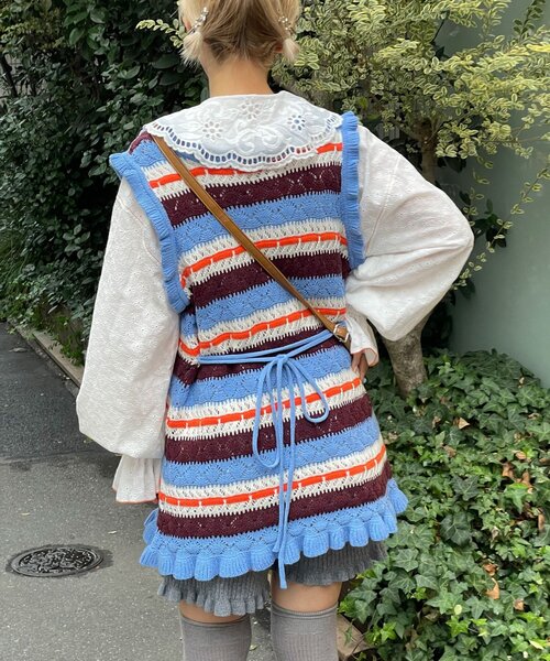 HELLO.SANFRANCISCO(ハローサンフランシスコ)の「【HELLO.SANFRANCISCO/ハローサンフランシスコ】透かし柄ボーダーニットチュニック(ニット/セーター・レディース・サックスブルー/レッド・ONE SIZE)」の6枚目の写真
