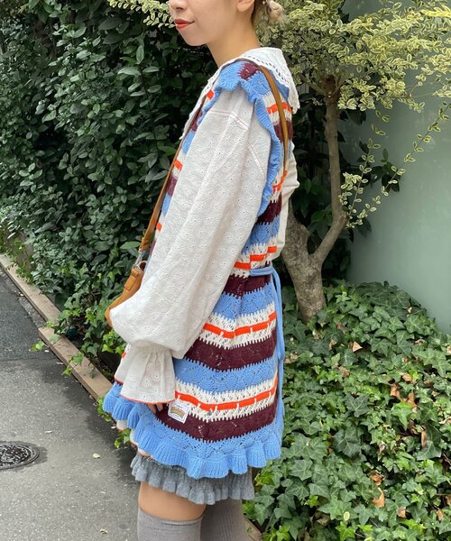HELLO.SANFRANCISCO(ハローサンフランシスコ)の「【HELLO.SANFRANCISCO/ハローサンフランシスコ】透かし柄ボーダーニットチュニック(ニット/セーター・レディース・サックスブルー/レッド・ONE SIZE)」の7枚目の写真