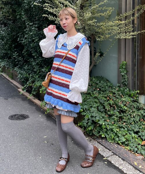 HELLO.SANFRANCISCO(ハローサンフランシスコ)の「【HELLO.SANFRANCISCO/ハローサンフランシスコ】透かし柄ボーダーニットチュニック(ニット/セーター・レディース・サックスブルー/レッド・ONE SIZE)」の8枚目の写真