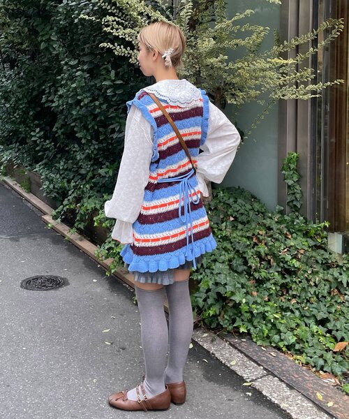 HELLO.SANFRANCISCO(ハローサンフランシスコ)の「【HELLO.SANFRANCISCO/ハローサンフランシスコ】透かし柄ボーダーニットチュニック(ニット/セーター・レディース・サックスブルー/レッド・ONE SIZE)」の9枚目の写真