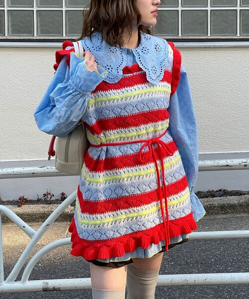 HELLO.SANFRANCISCO(ハローサンフランシスコ)の「【HELLO.SANFRANCISCO/ハローサンフランシスコ】透かし柄ボーダーニットチュニック(ニット/セーター・レディース・サックスブルー/レッド・ONE SIZE)」の11枚目の写真
