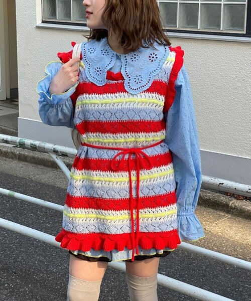 HELLO.SANFRANCISCO(ハローサンフランシスコ)の「【HELLO.SANFRANCISCO/ハローサンフランシスコ】透かし柄ボーダーニットチュニック(ニット/セーター・レディース・サックスブルー/レッド・ONE SIZE)」の12枚目の写真