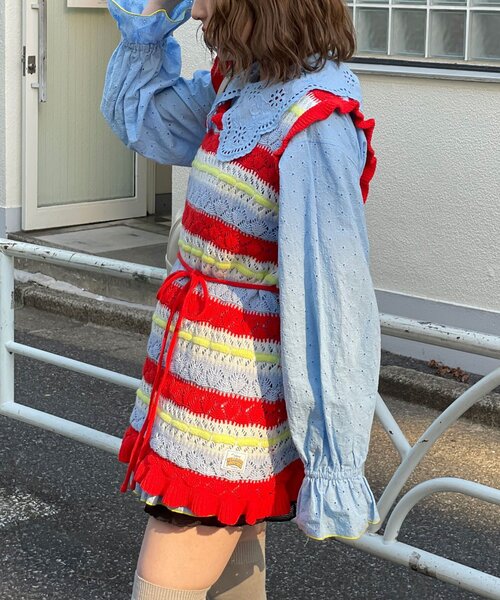 HELLO.SANFRANCISCO(ハローサンフランシスコ)の「【HELLO.SANFRANCISCO/ハローサンフランシスコ】透かし柄ボーダーニットチュニック(ニット/セーター・レディース・サックスブルー/レッド・ONE SIZE)」の14枚目の写真