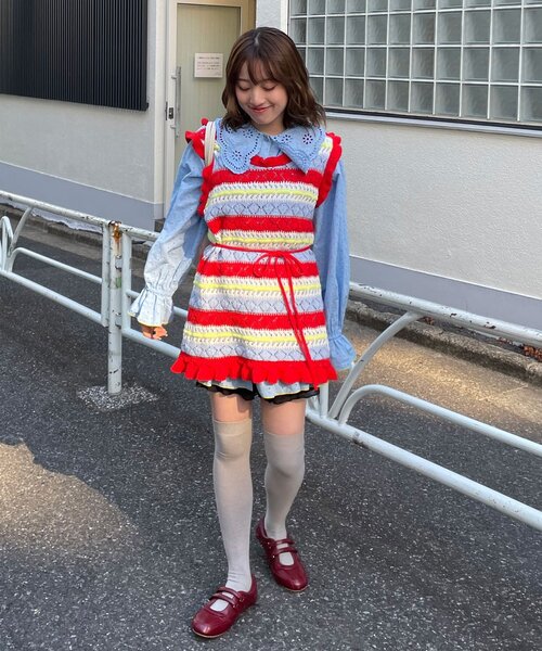 HELLO.SANFRANCISCO(ハローサンフランシスコ)の「【HELLO.SANFRANCISCO/ハローサンフランシスコ】透かし柄ボーダーニットチュニック(ニット/セーター・レディース・サックスブルー/レッド・ONE SIZE)」の16枚目の写真