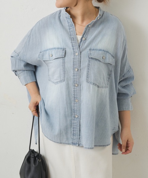 PUAL CE CIN（ピュアルセシン）の「シアーデニムバンドカラーシャツ（シャツ/ブラウス・レディース・ブルー/インディゴブルー・FREE）」の2枚目の写真