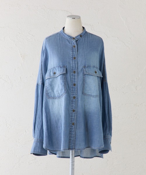 PUAL CE CIN（ピュアルセシン）の「シアーデニムバンドカラーシャツ（シャツ/ブラウス・レディース・ブルー/インディゴブルー・FREE）」の14枚目の写真