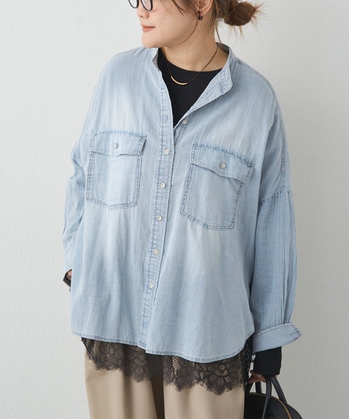 PUAL CE CIN（ピュアルセシン）の「シアーデニムバンドカラーシャツ（シャツ/ブラウス・レディース・ブルー/インディゴブルー・FREE）」の4枚目の写真