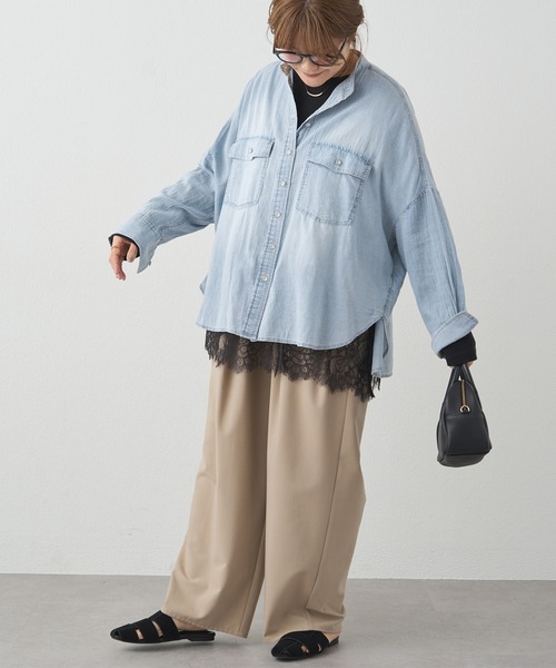 PUAL CE CIN（ピュアルセシン）の「シアーデニムバンドカラーシャツ（シャツ/ブラウス・レディース・ブルー/インディゴブルー・FREE）」の3枚目の写真