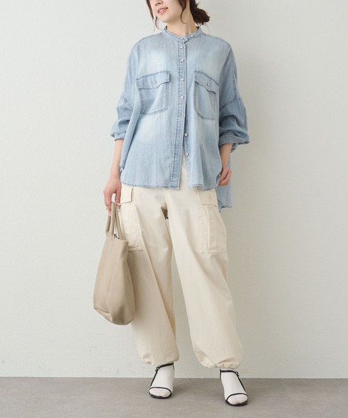 PUAL CE CIN（ピュアルセシン）の「シアーデニムバンドカラーシャツ（シャツ/ブラウス・レディース・ブルー/インディゴブルー・FREE）」の5枚目の写真