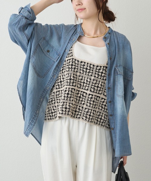 PUAL CE CIN（ピュアルセシン）の「シアーデニムバンドカラーシャツ（シャツ/ブラウス・レディース・ブルー/インディゴブルー・FREE）」の7枚目の写真