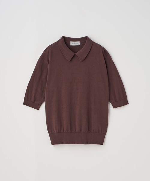 ボタンレス半袖コットンニットポロシャツ