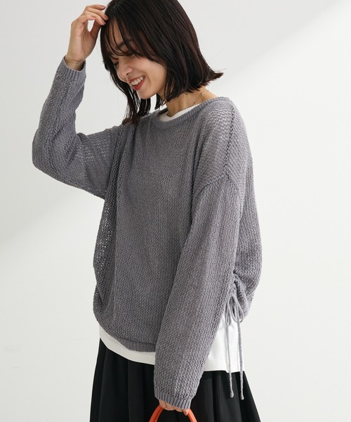 Green Parks(グリーンパークス)の「サイドシャーリング透かし編みニットプルオーバー(ニット/セーター・レディース・オレンジ/アイボリー/グレー・FREE)」の2枚目の写真