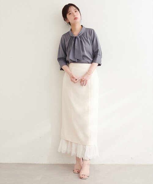 natural couture(ナチュラルクチュール)の「袖口パールノット結び6分袖ブラウス(シャツ/ブラウス・レディース・サックスブルー/ピンクベージュ/チャコールグレー/グレー/オフホワイト・FREE)」の12枚目の写真