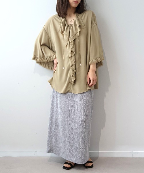 leswel(レスウェル)の「【M/L】メランジ楊柳ニットスカート(スカート・レディース・イエロー/ライトグレー/ブラウン・M/L)」の5枚目の写真