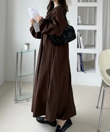 ギャザーワンピース ロング丈 マキシ丈 長袖 ボリューム袖 パフスリーブ Aライン 体型カバー 無地 上品 春秋