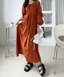 ギャザーワンピース ロング丈 マキシ丈 長袖 ボリューム袖 パフスリーブ Aライン 体型カバー 無地 上品 春秋