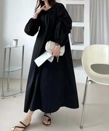 ギャザーワンピース ロング丈 マキシ丈 長袖 ボリューム袖 パフスリーブ Aライン 体型カバー 無地 上品 春秋