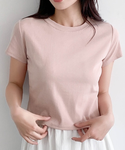 LOWO（ロワ）の「【豊富なカラー展開】抜群の伸縮性 / ショート丈Tシャツ 無地 半袖（Tシャツ/カットソー・レディース・ブラック/ブラウン/カーキ/グリーン/グレー/ベージュ/ターコイズブルー/キャメル/グレイッシュベージュ/ベージュ系その他/ブルー/ホワイト/アイボリー/ボルドー/チャコールグレー/ピンク・FREE）」の15枚目の写真