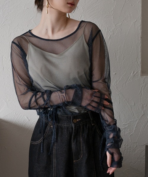 mideal（マイディール）の「ribbon long sleeve sheer tops / リボンロングスリーブシアートップス（Tシャツ/カットソー・レディース・ネイビー/ピンク/チャコールグレー/アイボリー・FREE）」の3枚目の写真