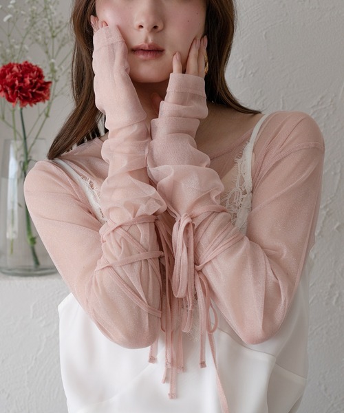 mideal（マイディール）の「ribbon long sleeve sheer tops / リボンロングスリーブシアートップス（Tシャツ/カットソー・レディース・ネイビー/ピンク/チャコールグレー/アイボリー・FREE）」の4枚目の写真