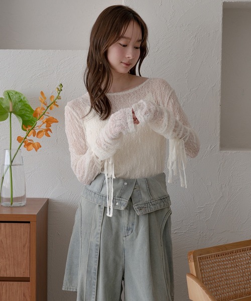 mideal（マイディール）の「ribbon long sleeve sheer tops / リボンロングスリーブシアートップス（Tシャツ/カットソー・レディース・ネイビー/ピンク/チャコールグレー/アイボリー・FREE）」の5枚目の写真