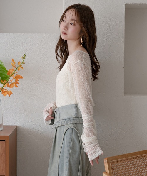 mideal（マイディール）の「ribbon long sleeve sheer tops / リボンロングスリーブシアートップス（Tシャツ/カットソー・レディース・ネイビー/ピンク/チャコールグレー/アイボリー・FREE）」の6枚目の写真