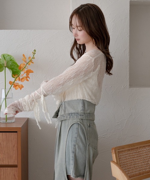 mideal（マイディール）の「ribbon long sleeve sheer tops / リボンロングスリーブシアートップス（Tシャツ/カットソー・レディース・ネイビー/ピンク/チャコールグレー/アイボリー・FREE）」の7枚目の写真