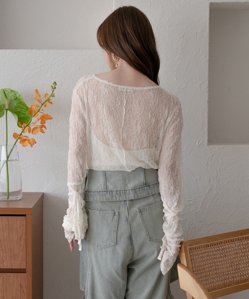 mideal（マイディール）の「ribbon long sleeve sheer tops / リボンロングスリーブシアートップス（Tシャツ/カットソー・レディース・ネイビー/ピンク/チャコールグレー/アイボリー・FREE）」の8枚目の写真