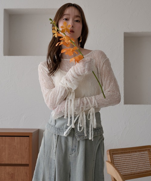 mideal（マイディール）の「ribbon long sleeve sheer tops / リボンロングスリーブシアートップス（Tシャツ/カットソー・レディース・ネイビー/ピンク/チャコールグレー/アイボリー・FREE）」の9枚目の写真