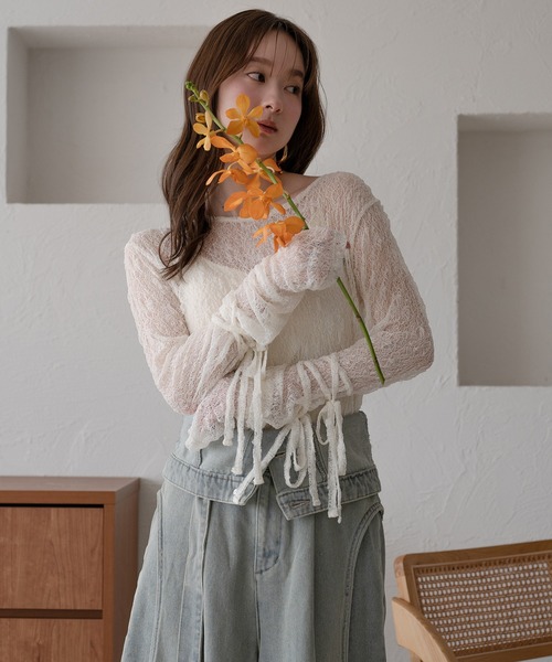 mideal（マイディール）の「ribbon long sleeve sheer tops / リボンロングスリーブシアートップス（Tシャツ/カットソー・レディース・ネイビー/ピンク/チャコールグレー/アイボリー・FREE）」の10枚目の写真