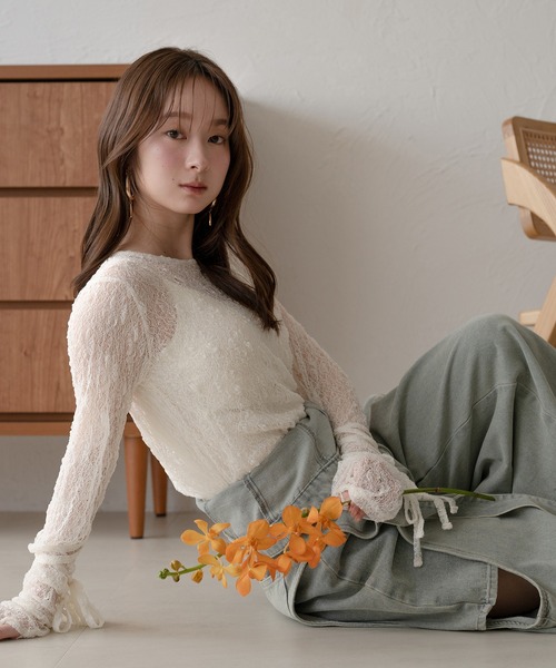 mideal（マイディール）の「ribbon long sleeve sheer tops / リボンロングスリーブシアートップス（Tシャツ/カットソー・レディース・ネイビー/ピンク/チャコールグレー/アイボリー・FREE）」の11枚目の写真