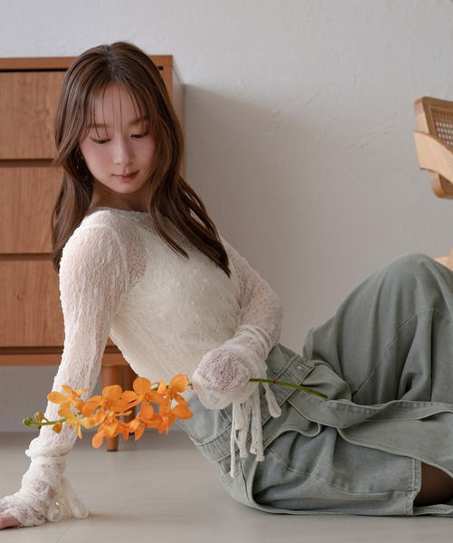 mideal（マイディール）の「ribbon long sleeve sheer tops / リボンロングスリーブシアートップス（Tシャツ/カットソー・レディース・ネイビー/ピンク/チャコールグレー/アイボリー・FREE）」の12枚目の写真