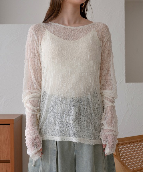 mideal（マイディール）の「ribbon long sleeve sheer tops / リボンロングスリーブシアートップス（Tシャツ/カットソー・レディース・ネイビー/ピンク/チャコールグレー/アイボリー・FREE）」の15枚目の写真