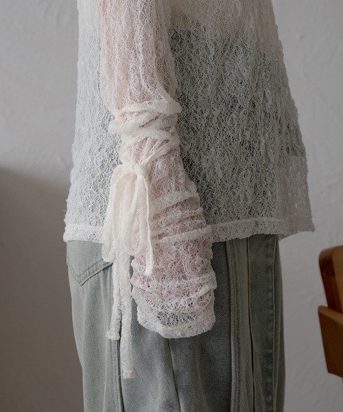 mideal（マイディール）の「ribbon long sleeve sheer tops / リボンロングスリーブシアートップス（Tシャツ/カットソー・レディース・ネイビー/ピンク/チャコールグレー/アイボリー・FREE）」の16枚目の写真