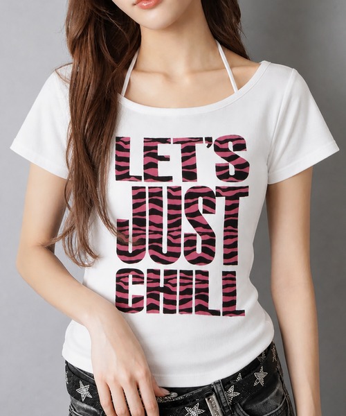 SPINNS(スピンズ)の「ホルターネック半袖カットソー/ピンクゼブラロゴ/平成ギャル(Tシャツ/カットソー・レディース・オフホワイト/ブラック・ONESIZE)」の8枚目の写真