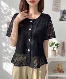 【美シルエット】ノーカラーペプラムレーストップス