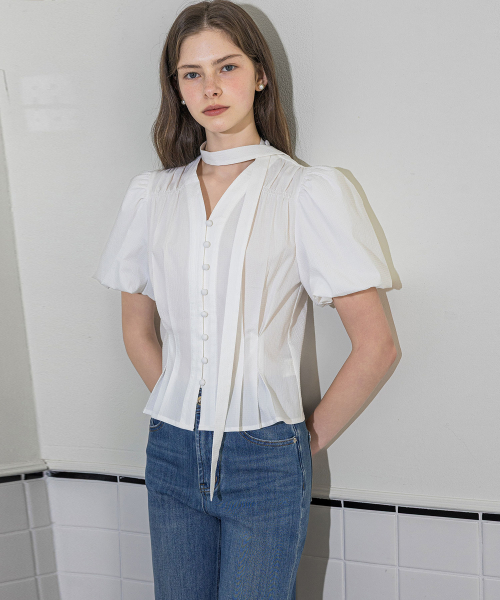 LAUTREDE MIN（ロートルドミン）の「Seersucker Tied white Blouse（シャツ/ブラウス・レディース・ホワイト・X-SMALL/SMALL/MEDIUM）」の2枚目の写真
